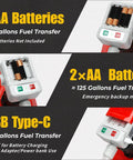 Portable auto-stop fuel transfer pump with red handheld unit and gray battery pack; shows AA/USB-C power options.