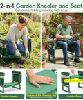 Garden Kneeler And Seat With Anti Tip Extendable Legs, woman gardening, showing foldable stool with tool bags, thick kneeling pad.