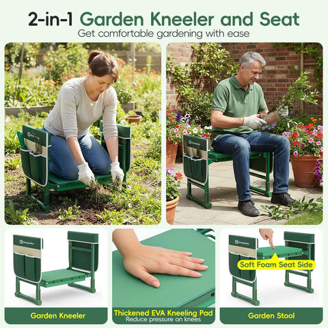 Garden Kneeler And Seat With Anti Tip Extendable Legs, woman gardening, showing foldable stool with tool bags, thick kneeling pad.