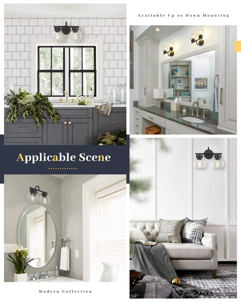 Matte Black Two Light Bathroom Vanity Light Fixtures Over Mirror With Clear Glass Shades Industrial Wall Sconces For Bathroom Decor