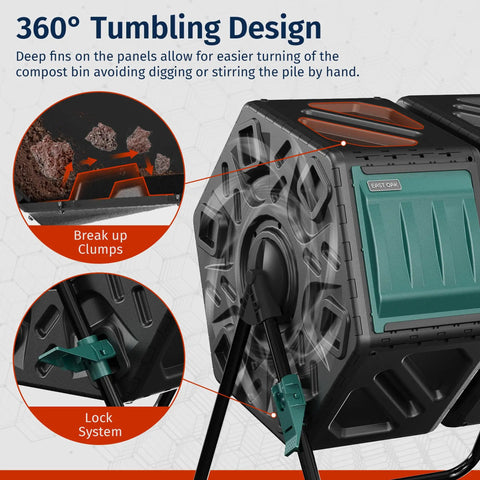 Dual Chamber Outdoor Compost Tumbler Two By Eighteen And A Half Gallon Rotating Bin With Aeration And Locking System close-up