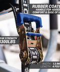Close-up of rear transom boat trailer strap ratchet tie down, 1.5 inch by 4 foot, heavy duty with PVC hooks, 3,300 lbs break strength.