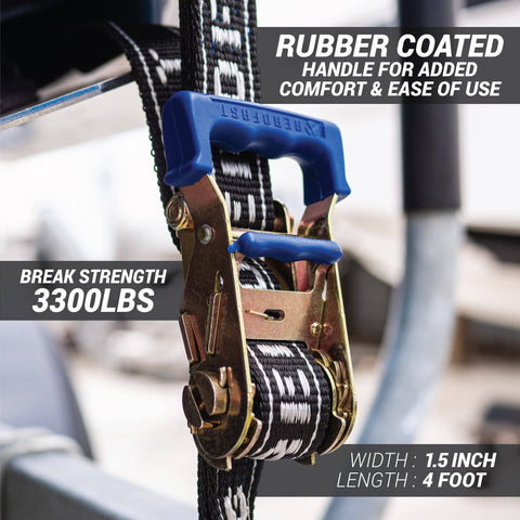 Close-up of rear transom boat trailer strap ratchet tie down, 1.5 inch by 4 foot, heavy duty with PVC hooks, 3,300 lbs break strength.