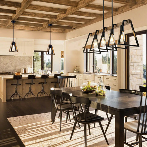 Four Light Kitchen Island Pendant Fixture, Dope Farmhouse Chandelier In Black And Warm Oak Finish above a dining table
