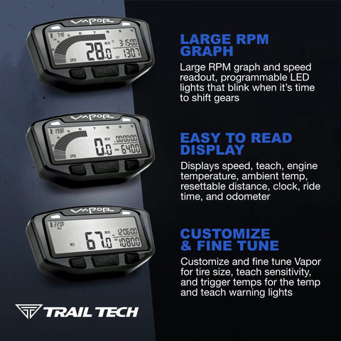 Vapor Digital Speedometer Tachometer Gauge Kit For Polaris Sportsman Ranger RZR ACE 2000-2019 Featuring RPM Graph, Speed Readout, Engine Temp, Ambient Temp, Resettable Distance, Clock, Ride Time, Odometer, Programmable LED Shift And Overheat Alerts on black display