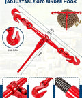 Four 20-Foot Chain And Ratchet Binder Kit For Truck And Trailer Cargo Tie-Downs Includes Four Heavy Chains And Four Adjustable Ratchet Binders In 1/4 To 1/2 Inch Range, red G70 binder hook and chain
