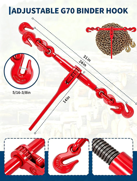 Four 20-Foot Chain And Ratchet Binder Kit For Truck And Trailer Cargo Tie-Downs Includes Four Heavy Chains And Four Adjustable Ratchet Binders In 1/4 To 1/2 Inch Range, red G70 binder hook and chain