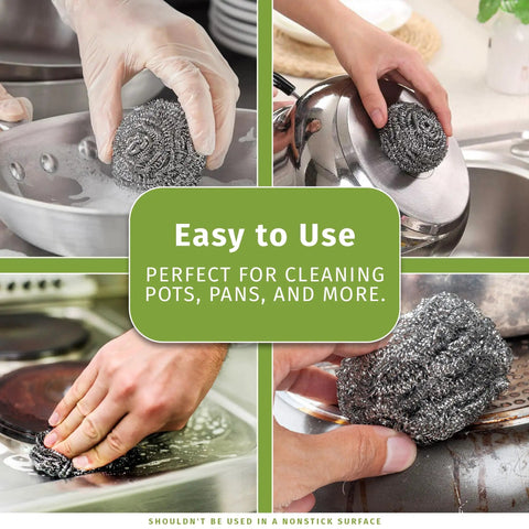 Heavy Duty Stainless Steel Scouring Pads 12 Pack Bulk Cleaning Scrubbers for cleaning pots and pans, effective against stuck-on food.