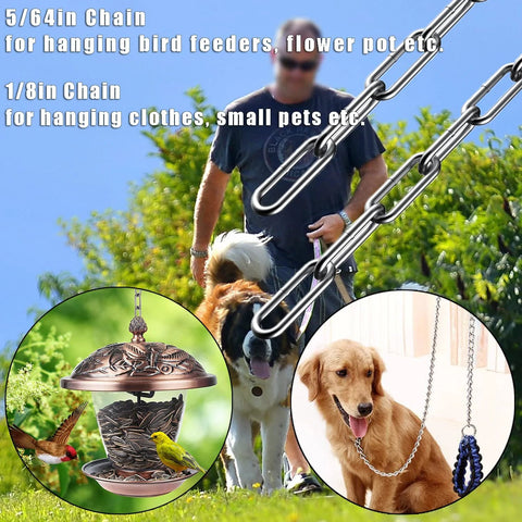 6.5 Foot 5/64 Inch Stainless Steel Chain for Home and Outdoor Use, ideal for hanging bird feeders, plants, shown with dog and bird feeder.