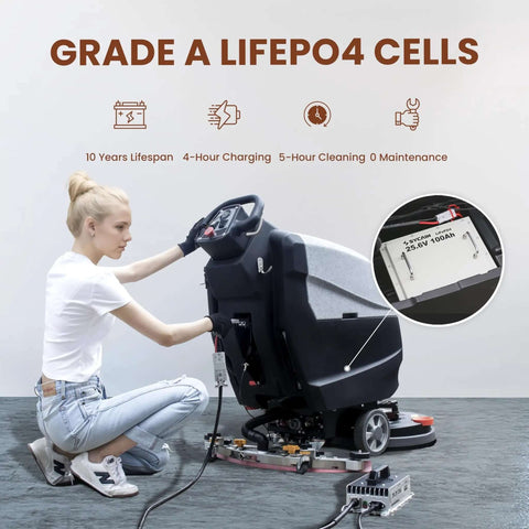 Woman operating 20 Inch Walk Behind Floor Scrubber With Brush And Lithium Battery, 5 Hour Run Time, 13 Gallon Capacity cleaning machine