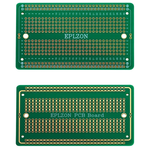 Front and back view of Handy Prototyping Solderable Breadboard Kit Green Gold Plated PCB 3.5x2.05 Inches for DIY Electronics Projects