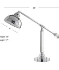 Slick 22-Inch Chrome Metal And Crystal LED Task Lamp With Adjustable Crane Desk Design For Home Office Or Bedroom Nightstand, side view with dimensions.