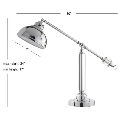 Slick 22-Inch Chrome Metal And Crystal LED Task Lamp With Adjustable Crane Desk Design For Home Office Or Bedroom Nightstand, side view with dimensions.