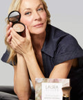 Starter Beauty Kit With Best Of The Best Baked Face Palette Baked Balance-n-Brighten Color Correcting Powder Foundation In Fair Shade And Retractable Angled Kabuki Brush Set For A Dope Everyday Glow displayed with model.