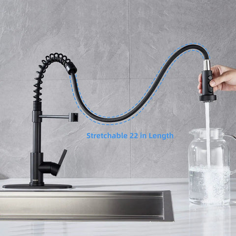 Slick Black Kitchen Faucet With Pull Down Sprayer 22 Inch Extendable Reach Lead Free Modern Commercial Spring Pull Out Sink Faucet For Busy Kitchens Easy To Clean Durable High Arc Design And Smooth Operation