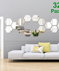 Hexagon Mirror Wall Stickers Set Removable Silver Acrylic Honeycomb Decals in living room with glassy reflective finish