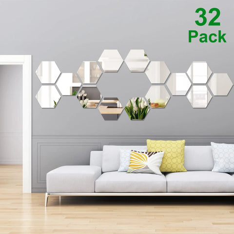 Hexagon Mirror Wall Stickers Set Removable Silver Acrylic Honeycomb Decals in living room with glassy reflective finish