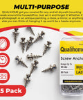 Double Headed Wall Screw Anchors And Picture Hooks Heavy Duty Bear Claw Hanger Screws Hold Up To 30 Lbs Ideal Drywall Fasteners For D Rings Wire Keyholes Hang Pictures And Mirrors In A 25 Pack displayed with packaging and scattered screws.