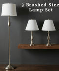 3-Piece Home Lighting Set With Two Table Lamps And One Floor Lamp In Silver Finish For Living Room, Bedroom, And Office Decor