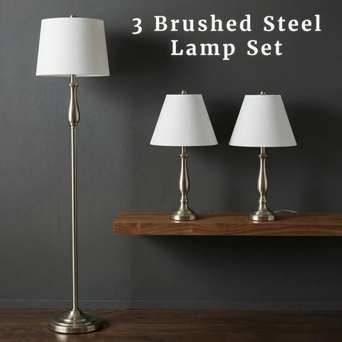 3-Piece Home Lighting Set With Two Table Lamps And One Floor Lamp In Silver Finish For Living Room, Bedroom, And Office Decor