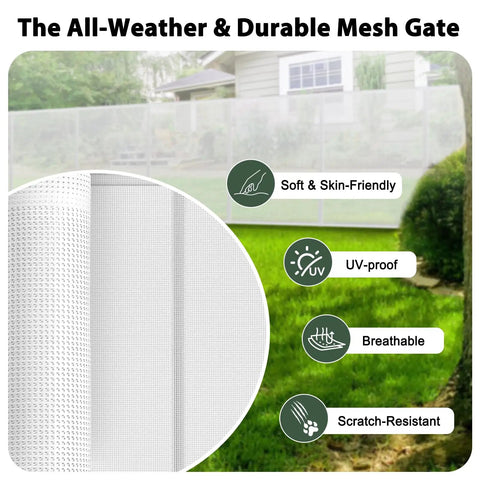 Heavy Duty Retractable Baby Gate And Dog Barrier With Slick Glide Action Covers Hella Wide Openings For Garages Driveways Living Rooms Provides No Fuss Everyday Safety In White, showcasing all-weather mesh and soft material.
