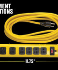 Beefy Metal Surge Protector Strip With Six Outlets And 15 Foot Yellow Cord on black background, showing measurements 11.75" x 2.25"