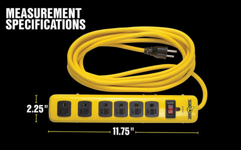 Beefy Metal Surge Protector Strip With Six Outlets And 15 Foot Yellow Cord on black background, showing measurements 11.75" x 2.25"
