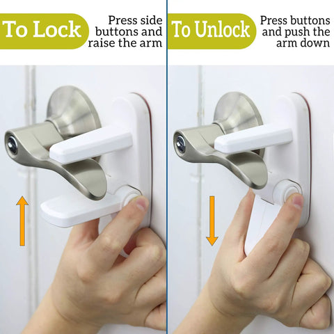 Two Pack Door Lever Locks For Kid Proofing, Easy One Hand Operation For Adults, No Tools Needed For Install, Durable ABS With Strong Adhesive Backing, Sticks To Flat Surface Next To Lever, Keeps Toddlers Out