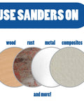 Four circles showing 129 Piece Flex Edge Sanding Discs Kit used on wood, rust, metal, and composites