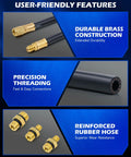 Orion Motor Tech fuel pressure test kit components: brass hose fittings, reinforced rubber hoses, four adapters