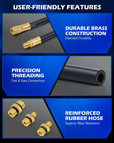 Orion Motor Tech fuel pressure test kit components: brass hose fittings, reinforced rubber hoses, four adapters