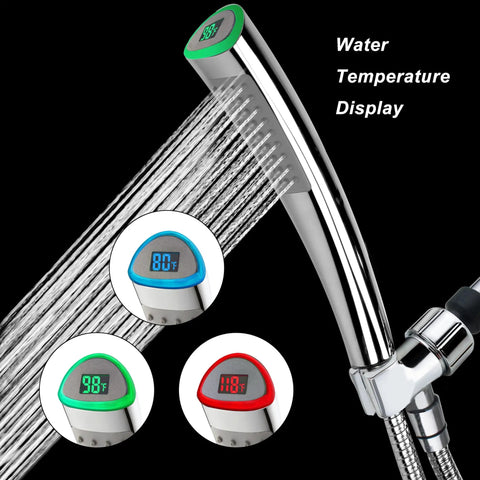 LED Temperature Display Handheld Shower Head With Water Powered Fahrenheit Readout No Battery Needed, chrome finish, water spray
