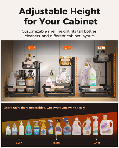 Height Adjustable Two Tier Under Sink Organizer Heavy Duty Storage Rack for Kitchen and Bathroom Cabinets showing adjustable heights of 11, 12, and 13 inches.