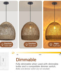 WALMHEIM 15.7" Boho Rattan Pendant Light Fixture showcased in daytime and nighttime settings, demonstrating dimmable functionality.