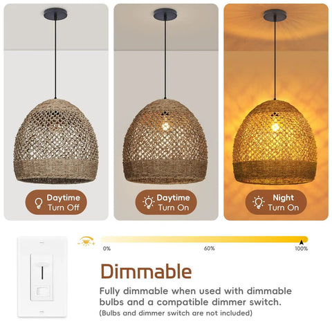 WALMHEIM 15.7" Boho Rattan Pendant Light Fixture showcased in daytime and nighttime settings, demonstrating dimmable functionality.