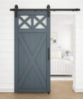 Designer Interior Barn Door Hardware Kit 72 Inch Matte Black Sliding Track with soft close rollers and stylish blue barn door.