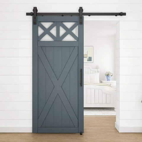 Designer Interior Barn Door Hardware Kit 72 Inch Matte Black Sliding Track with soft close rollers and stylish blue barn door.