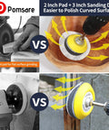 Ultra Handy 120Pc 3 Inch Sanding Discs Kit demonstrated for flat and curved surfaces with backing pads and drills in use.