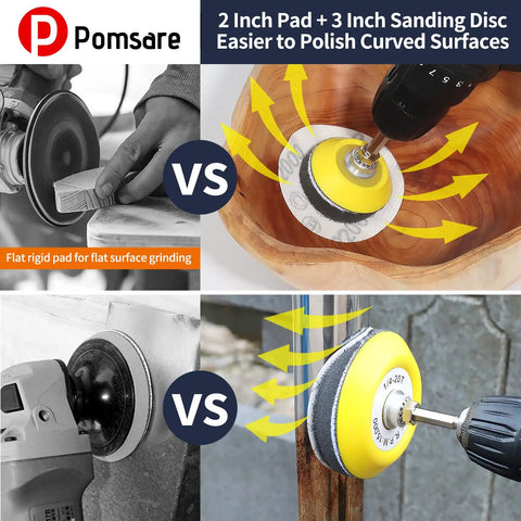 Ultra Handy 120Pc 3 Inch Sanding Discs Kit demonstrated for flat and curved surfaces with backing pads and drills in use.