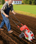 Man using Hand Push Manual Seeder With 6 Nozzle Row Crop Planter, 8.27Lb Seed Capacity For Corn Cotton Soybean Peanut Seeds, Precision Sowing Tool For Garden Farm, Durable Iron And Plastic Construction in a field.