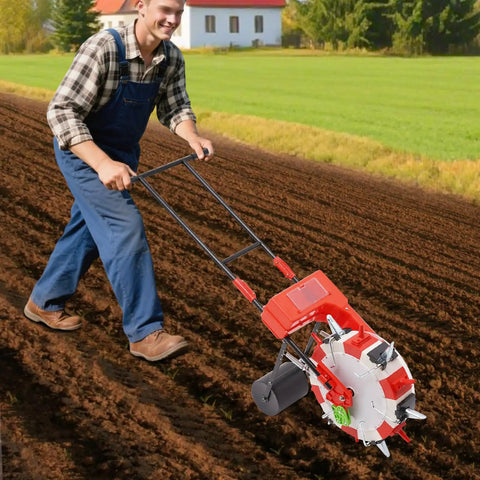 Person using Walk Behind Seed Planter With Six Nozzles Manual Row Crop Seeder Upgrade Version With Adjustable Planting Depth
