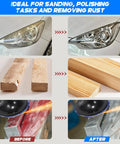 100 Pack 2 Inch Abrasive Cartridge Rolls for rotary tool before and after results on car headlight, wood, and metal surface.