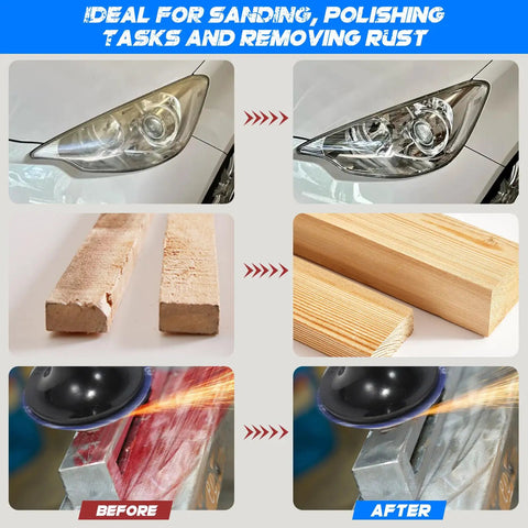 100 Pack 2 Inch Abrasive Cartridge Rolls for rotary tool before and after results on car headlight, wood, and metal surface.