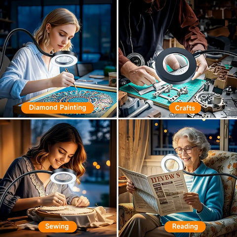 People using Lighted Magnifying Glass With Clip-On Desk Lamp Adjustable 3 Color Modes And 10 Brightness Levels 1000 Lumen Hands-Free Magnifier for various tasks.
