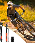 Cyclist on trail with Bike Cassette Removal Tool With Chain Whip And 2 In 1 Freewheel Remover Pedal Wrench Kit shown in corner