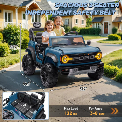 Kids driving 2 Seater Ride On Car For Kids 24V Licensed Ford Bronco Raptor Electric Ride On Truck with safety belts, parked in driveway.