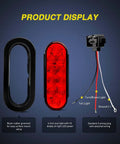 6 Inch Oval Red LED Tail Lights 2 Pack With Surface Mount Grommets, IP65 Waterproof setup showing grommet, light, and plug