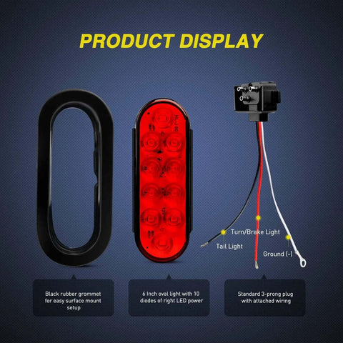 6 Inch Oval Red LED Tail Lights 2 Pack With Surface Mount Grommets, IP65 Waterproof setup showing grommet, light, and plug