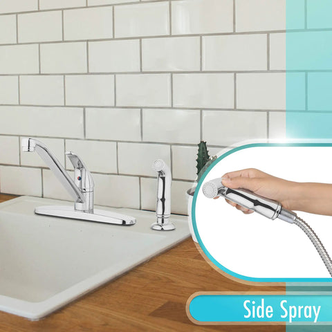 Premium Single Handle High Arc Kitchen Faucet With Swivel Side Spray, Polished Chrome Finish shown with side sprayer in use.