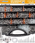 840 Pcs Self Tapping Screws for Metal Kit in 410 Stainless Steel, assortment in storage box, includes hex washer heads